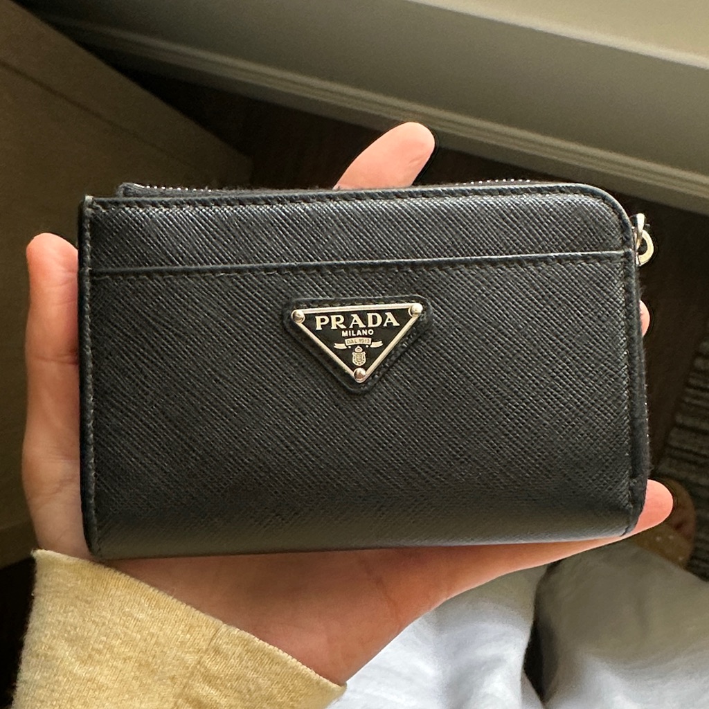 Prada Black Saffiano Zip Card Wallet With Triangle Logo